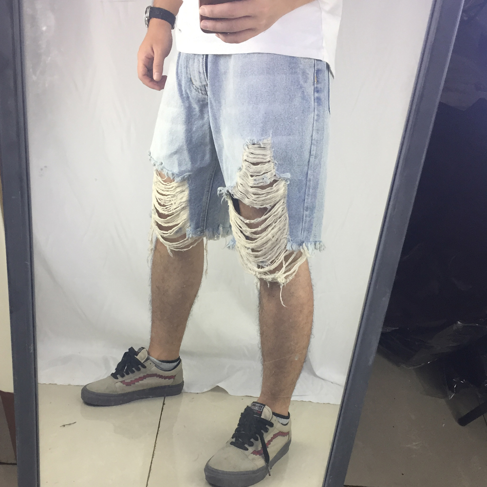 Herre hip hop afslappet cool blå hul slid ødelagt denim shorts mænd jeans løs udendørs jumpsuit afslappet kort