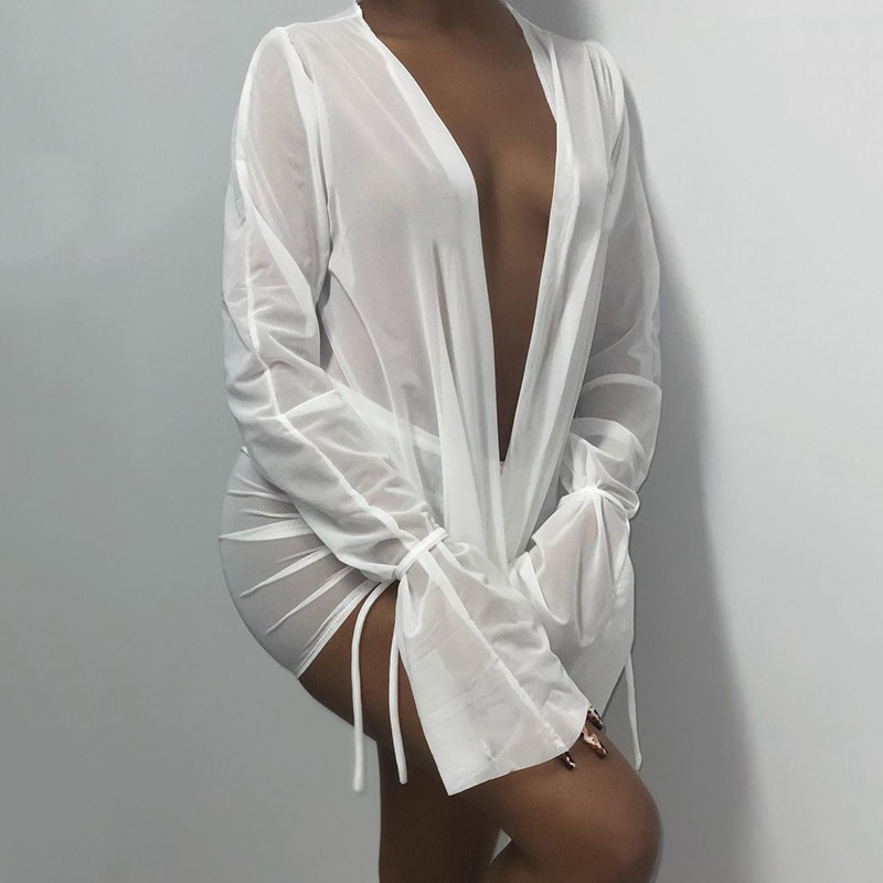OMSJ Club Streetwear 2 Stück Set Tiefem V-ausschnitt Langarm Backless Tops + Kordelzug Mini Rock Mesh Lace Up strand Anzüge