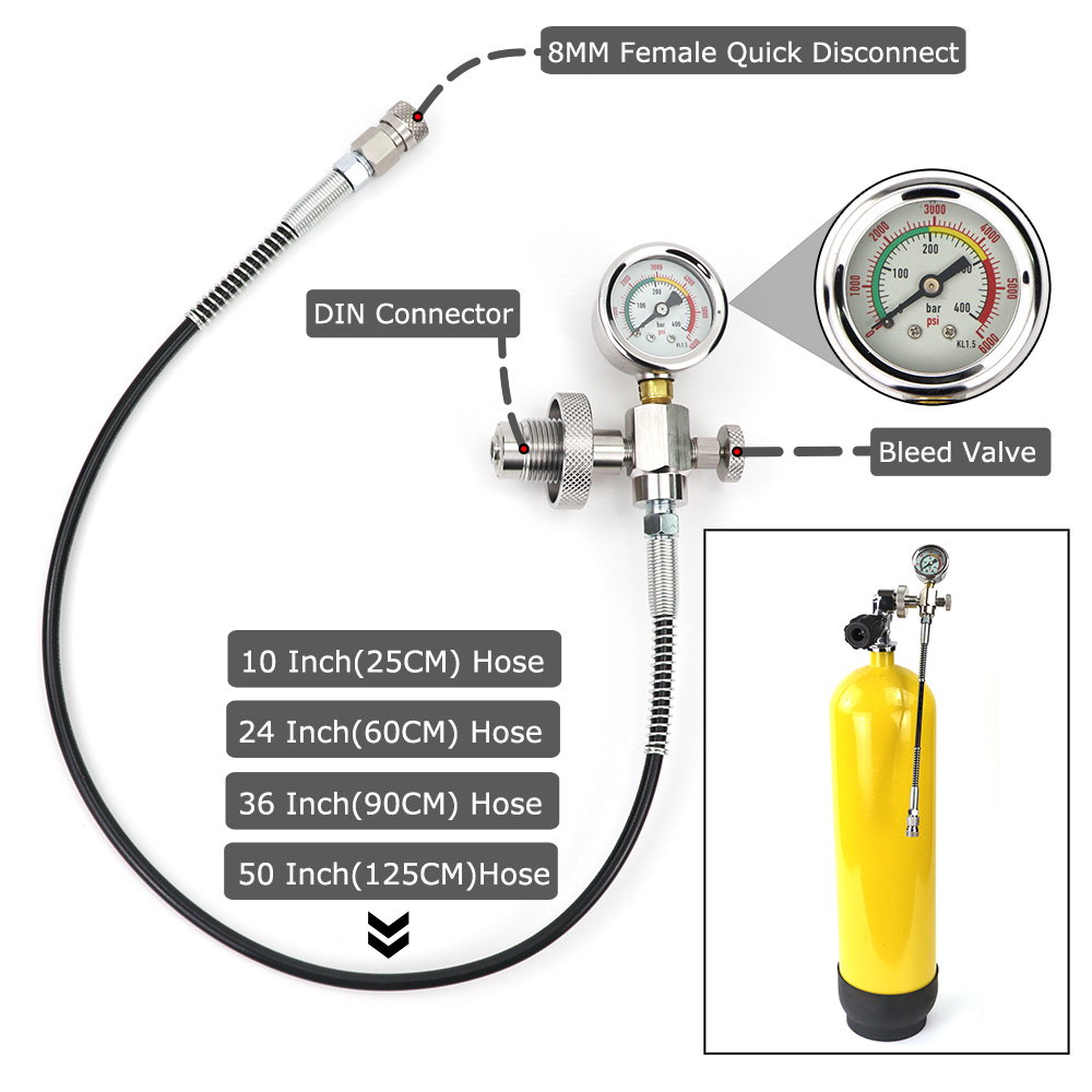 Estación de llenado DIN para buceo, conector G5/8, adaptador de carga, botella grande a botella pequeña con válvula de purga de distribución, ajuste rápido