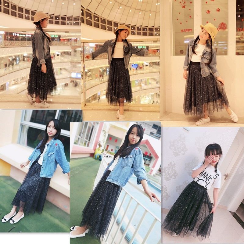 Falda blanca y negra para niñas, ropa de calle activa, primavera y verano, vestido de princesa, falda de malla