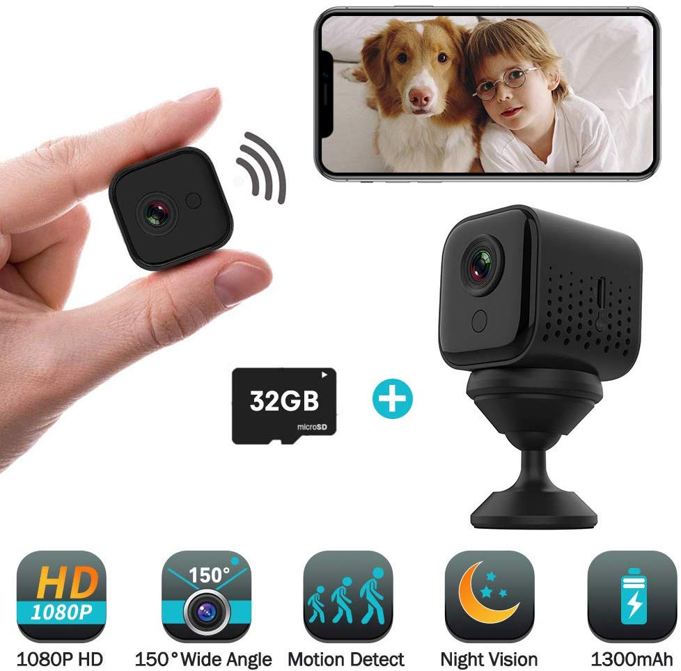 EVKVO – Mini caméra de Surveillance IP WiFi HD 1080P, dispositif de sécurité sans fil, avec batterie intégrée, Vision nocturne, babyphone vidéo: Camera Add 32G Card