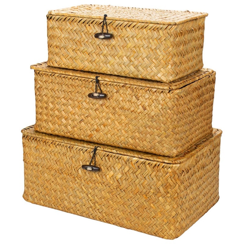 Gevlochten rieten opbergbakken met deksel - set van  of 3 -  rechthoekige zeegrasmanden/opbergmanden voor plankorganizer