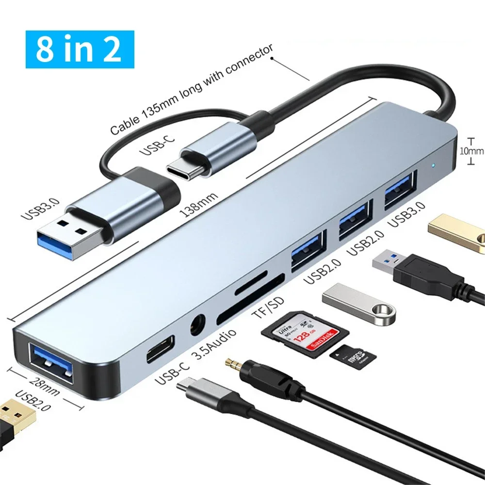 Usb a type c hub koncentrator dockingstation multiadapter sd tf kortlæser lyd multi-hub dock splitter til macbook air pc: Sølv