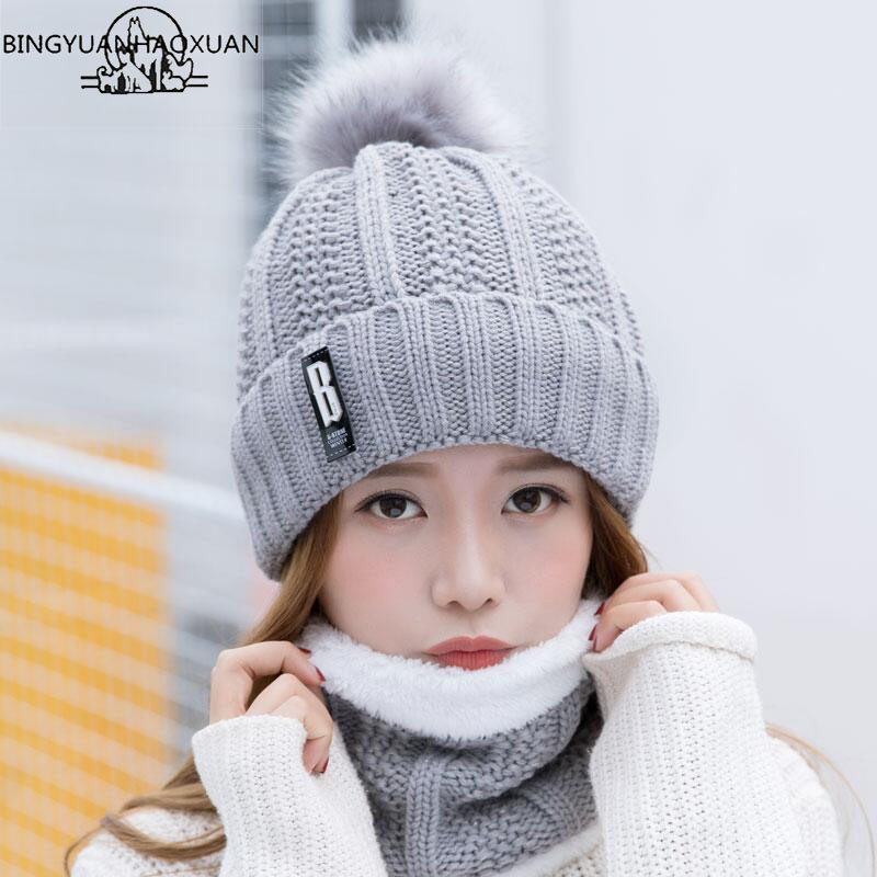 Bingyuanhaoxuan b bokstaver strikket lue kvinner merke vinter kvinner ball ski kanin pels lue pomponger luer strikket skjerf