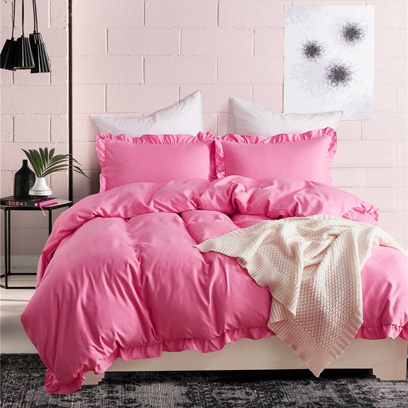 Romantische Roze Beddengoed Set Elegante Ruches Rand Dekbedovertrek Set 2/3 stks Bed Linnen Dekbedovertrek Twin Queen koning Bruiloft Decoratie