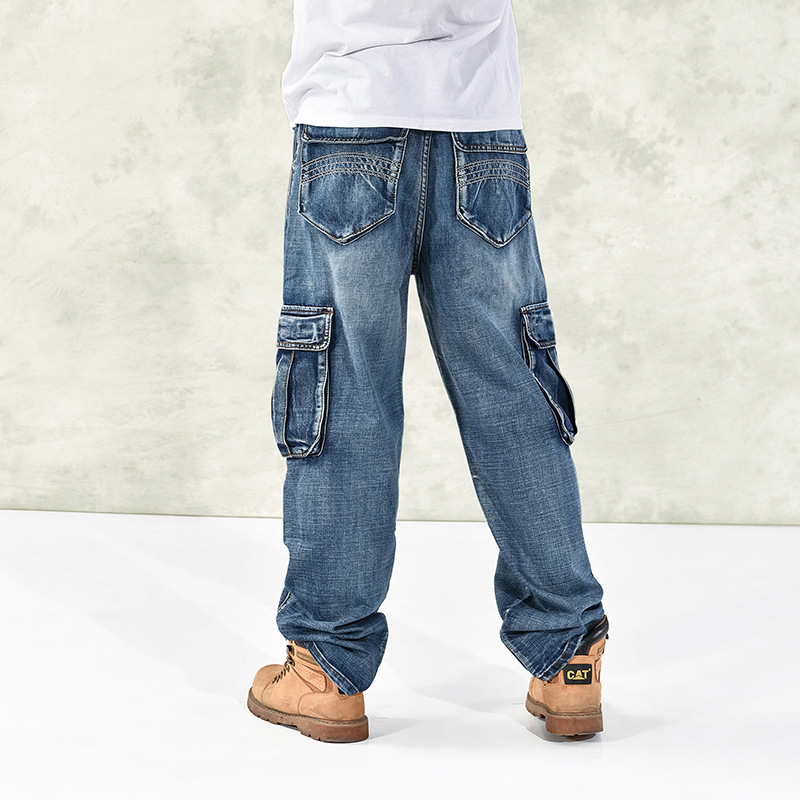 Men Casual Cargo Jeans Pants With Multi Pockets Loose Fit Hip Hop Denim Trousers For Male Baggy Jeans Plus Size 30-46