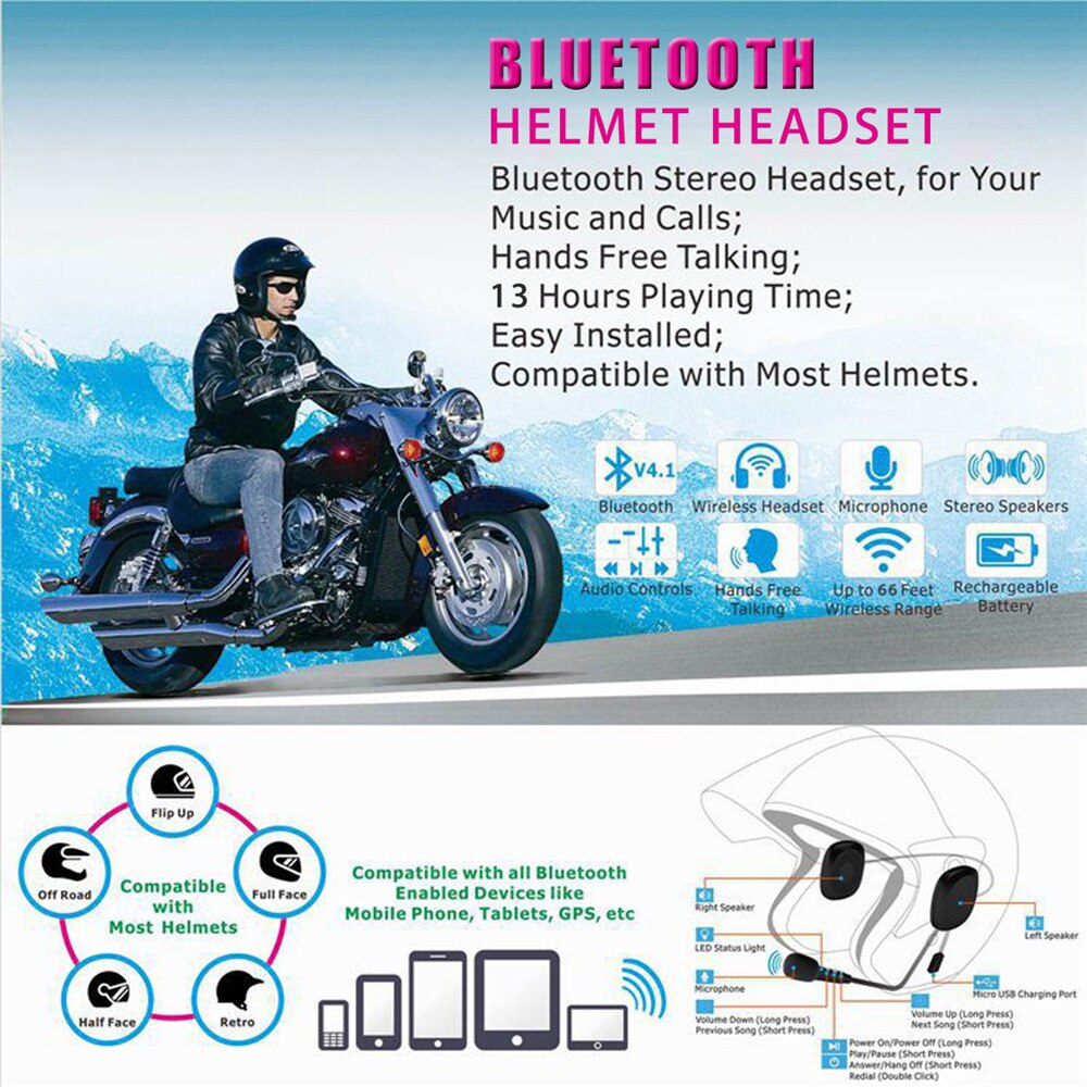 Bt 4.2 chip 50m 110db trådløs motorcykel scooter hjelm headset hovedtelefoner med bluetooth-funktion håndfri talende intercom