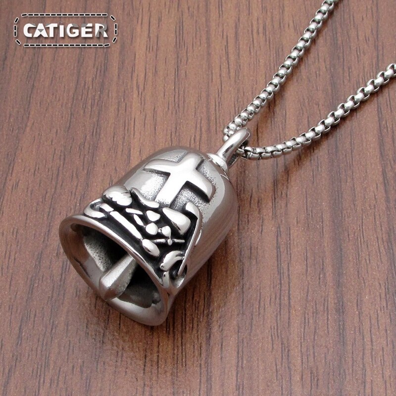 Punk 316L Stainless Steel Silver color Black color Cross Motorcycle Biker Bell Pendant Jewelry: Include Chain P326