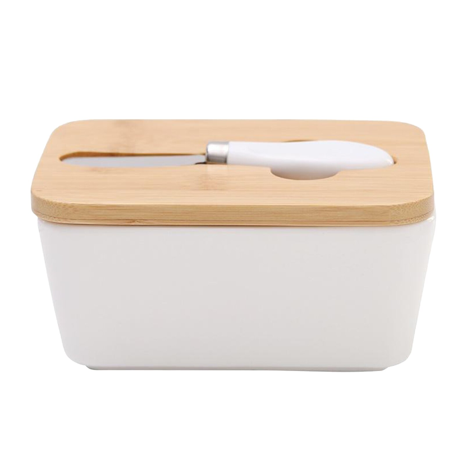 Butter Dish Ceramic Butter Container Keeper with Wooden Lid and Steel Knife, Eay to Clean, 2 Sizes Available to Choose: Large