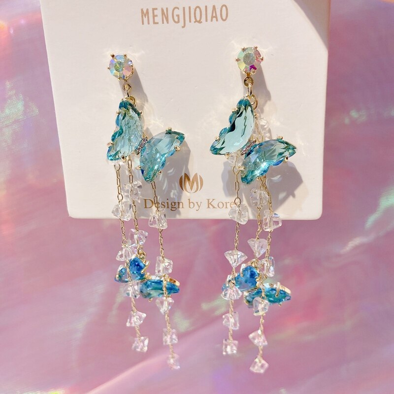 MENGJIQIAO Korean Colorful Crystal Butterfly Earrings For Women Girls Tassel Long Pendientes Party Jewelry