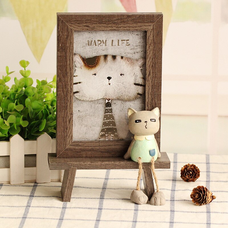 6 Inch Japanese Wood Resin 3D Cartoon Cute Cat Photo Frame Cartoon Desktop Frames Home Decor for Livingroom Kids: D