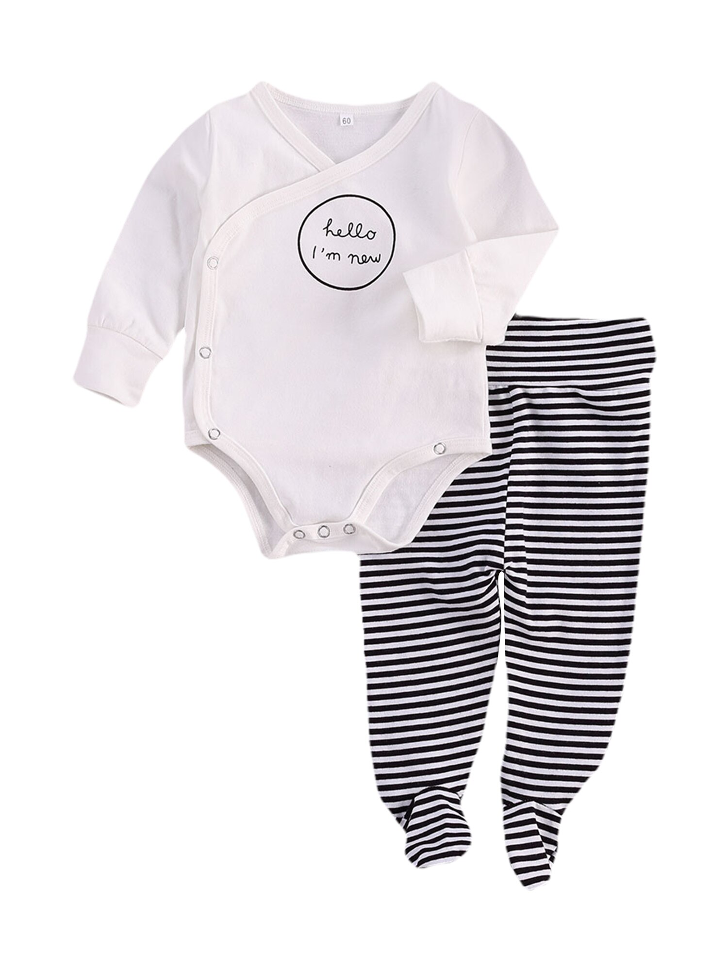 2Pcs Newborn Outfits Letter Print Cross Collar Long-Sleeves Rompers + Stripes Pants-Hoses for Baby Toddlers Girls Boys 0-6M