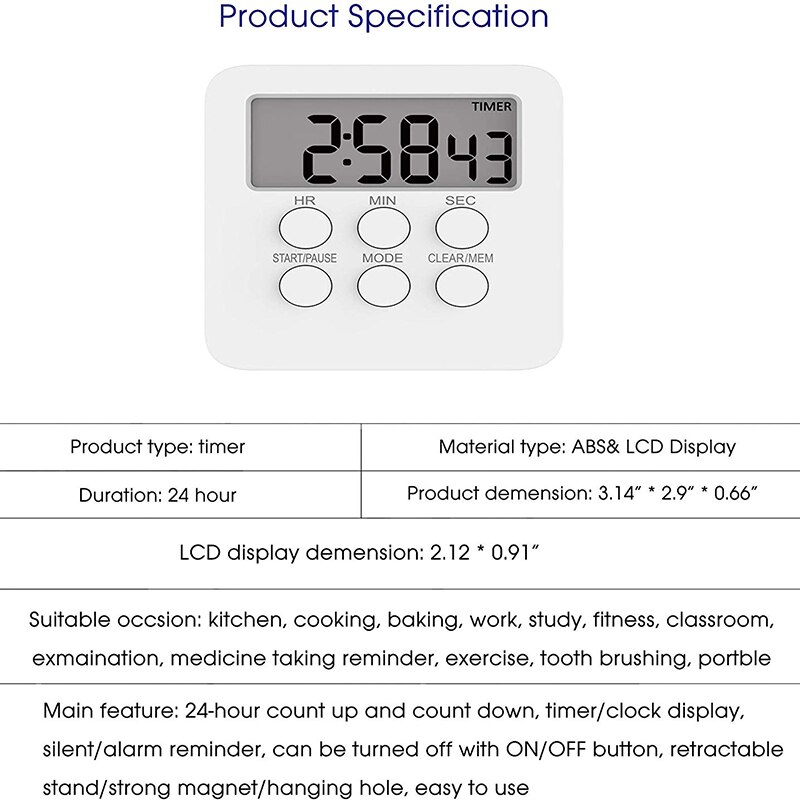 Kitchen Timer, 2 in 1 Timer and Clock, 24-Hours Digital Timer with on & Off Button, Loud Alarm, netic Backing, Big Digit, Sta