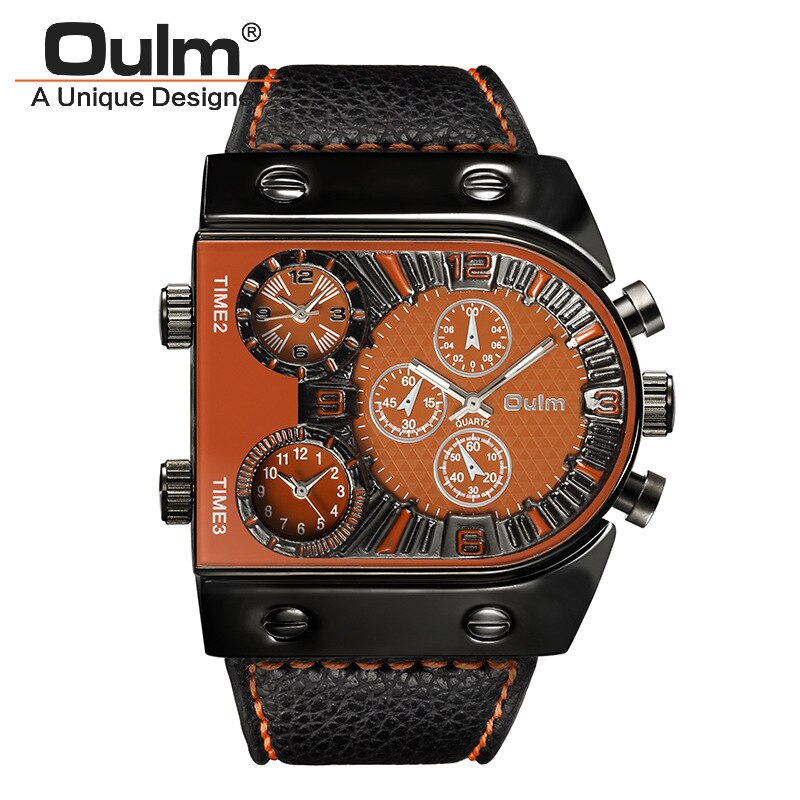 Unieke Oulm 3 Time Zone Mannen Sporthorloge Man Grote Wijzerplaat Casual Lederen Band Quartz Horloge Mannelijke Klok: Orange