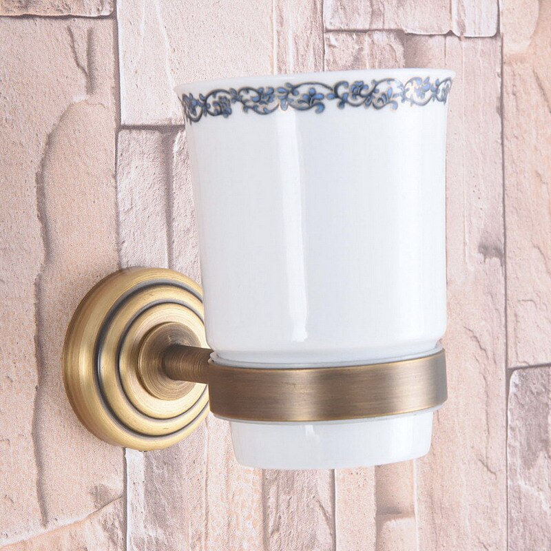 Antique Brass Single Toothbrush Holder With Ceramic Flower Cup Wall Mounted Bathroom Accessories aba744