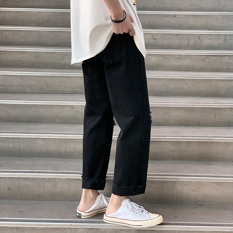 Black stretch jeans skinny fit bottom zipper jeans men knee torn men clothing ripped locomotive pants hip-hop street pants