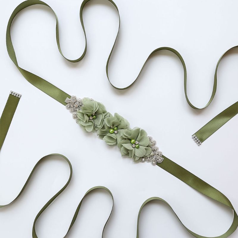fajín de Tres flores para mujer, pretina de cuentas de estrás, fajín nupcial, fajín para boda, vestido ceñido en la cintura, cinturón, 12 colores: Olive