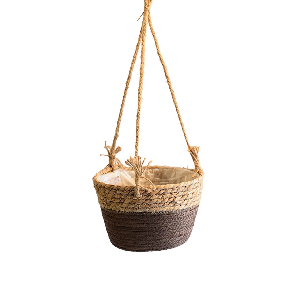 jute tau hengende kurv hengende planter kurv jute tau macrame plante hengende blomster lagrings arrangør til utendørs hage: Mørkebrun
