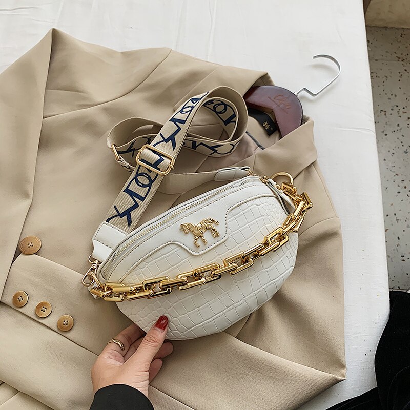 Bolso pequeño de piel sintética para mujer, bolsa de pecho a la , con cadena y cinturón de viaje,: Blanco