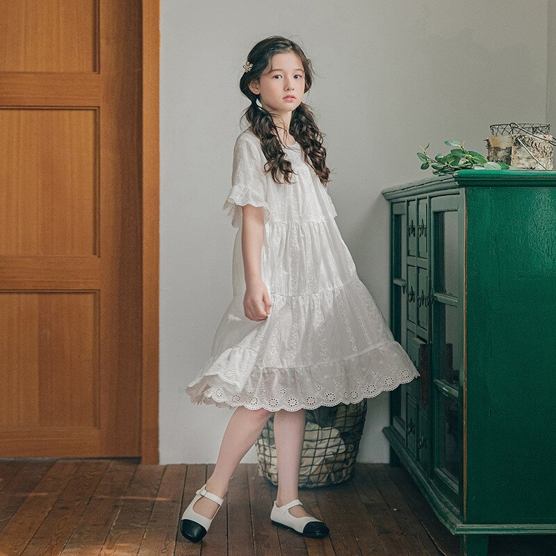 Kids Meisjes Losse Zomer Borduren Kant Witte Katoenen Flare Prinses Jurk Kind Tiener Meisjes Mode Oogje Jurken Kleding