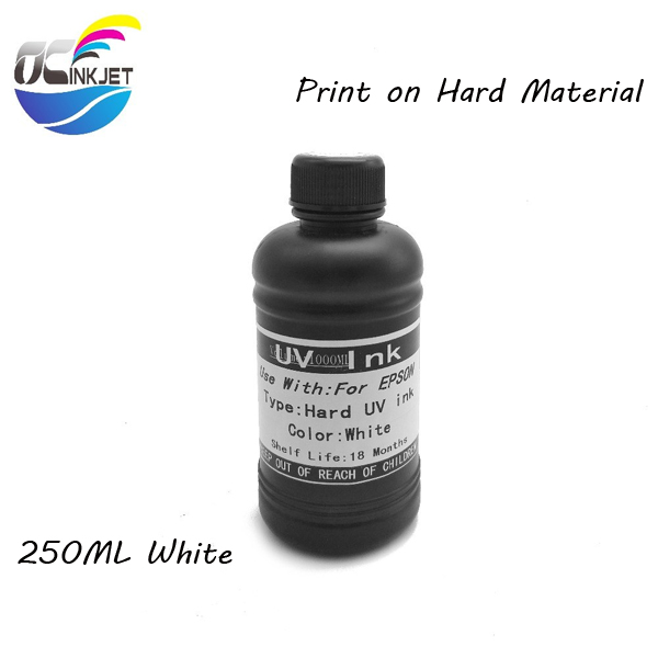 OCINKJET-tinta UV para cabezal de impresión Duro y suave, 250ml, para Epson 1390, 1400, 1410, 1430 W, R280, R290, R330, L800, L180, DX4, DX5, DX6, DX7: White(Hard)