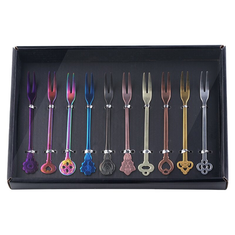 10PCS/Set Fruit Forks Stainless Steel Gold Cake Dessert Forks Lovely Mini Fork Used For Cake in Party Restaurant With Box: 10pcs forks with box