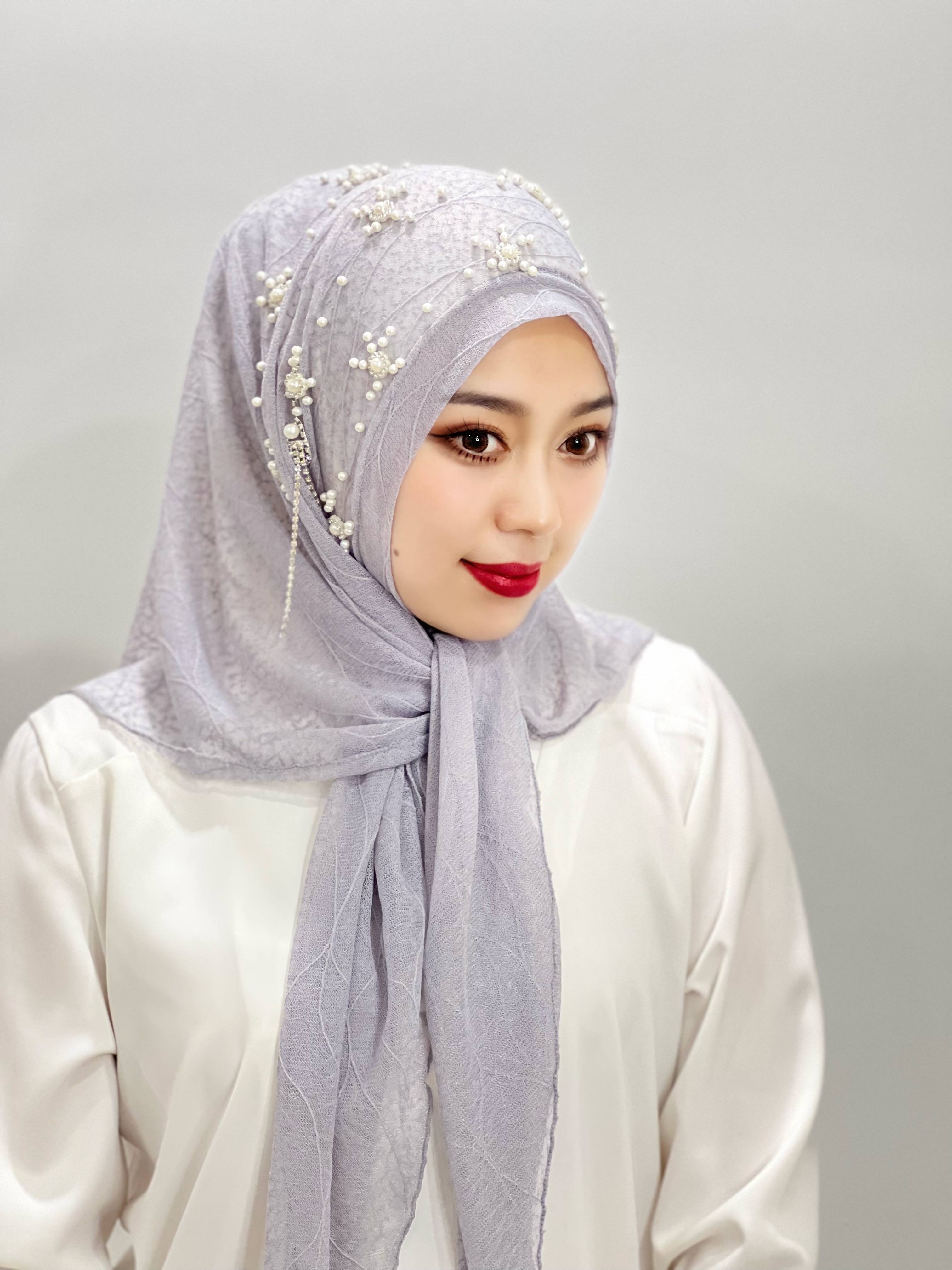 chapeau africain femme epingle hijab voile chretien Hijab à pampilles florales islamiques, Hijab Abaya, Texture de feuilles perlées, écharpe pour femmes, bandeau musulman, châle instantané, turquie: Lce gris