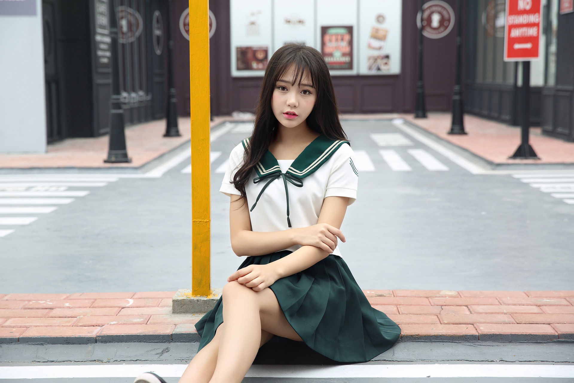 Meisje Japanse Uniform Sailor Schooluniform Set Plus Size XL Wit-Groene Rok Korte Mouw