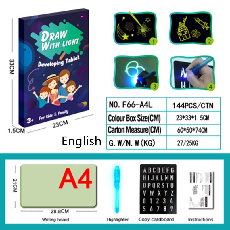 Magic Beam Tablet LED Luminous Drawing Board Graffiti Doodle Drawing Tablet Draw with Light-Fun Fluorescent Pen Educational Toy: Blue English A4