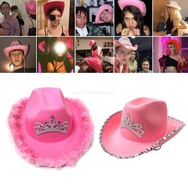 Wool Felt Fedoras in Europe Style for Birthday Celebration Tiara Hats in Pink with Sequins-Ornamented Selvege