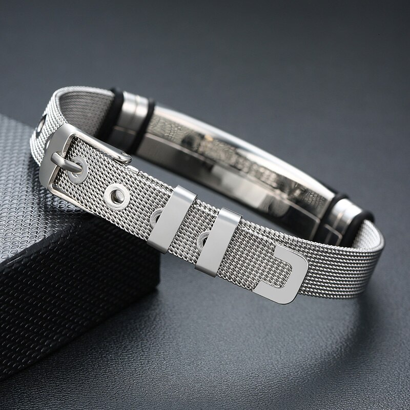 Vnox Heren Rvs Custom Graveren ID Tag Armbanden Lengte Verstelbare met Mesh Horloge Band Pols Sieraden