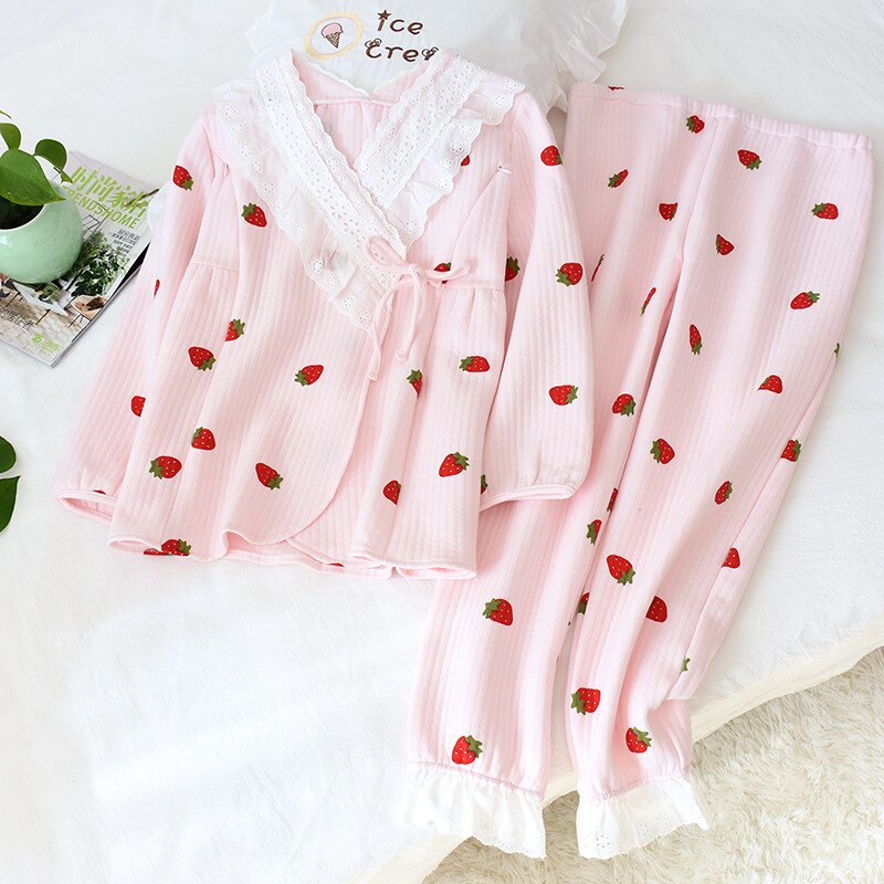 Fdfklak Pink Maternity Pijamas Winter Pregnancy Pajamas 2 Pieces Autumn Cotton Nursing Sleepwear Warm Pregnant Pijama