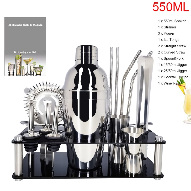 AREYOUCAN 14 stks/set Rvs 550/750ML Cocktail Shaker Jigger Ice Tong Stro + Rack Bar Cocktail Recepten: 14P 550ML