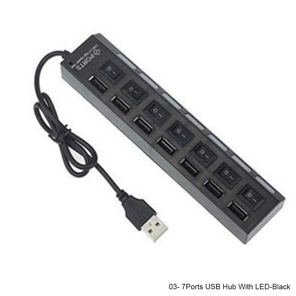 High Speed USB 2.0 Adapter Hub 7 Ports / 4 Ports LED Multi-Port Hub Socket Powered ON/OFF Switch Charger Splitter For PC Laptop: 7Ports LED Black