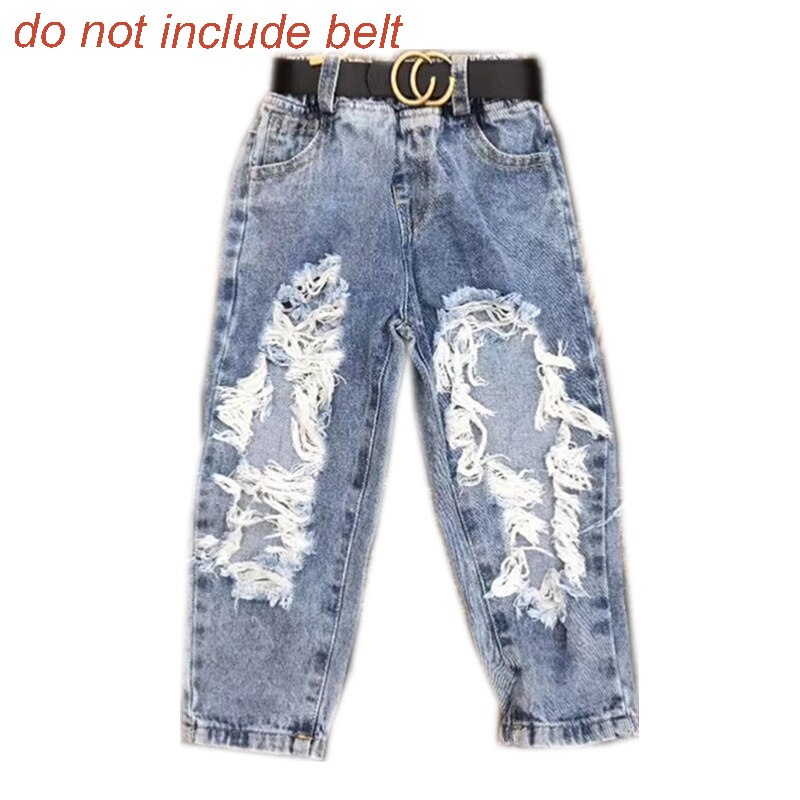 Pantalon en jean déchiré pour fille de 2 à 10 ans, bas streetwear en denim avec trous ajourés, ceinture avec glands: 4T (110cm)