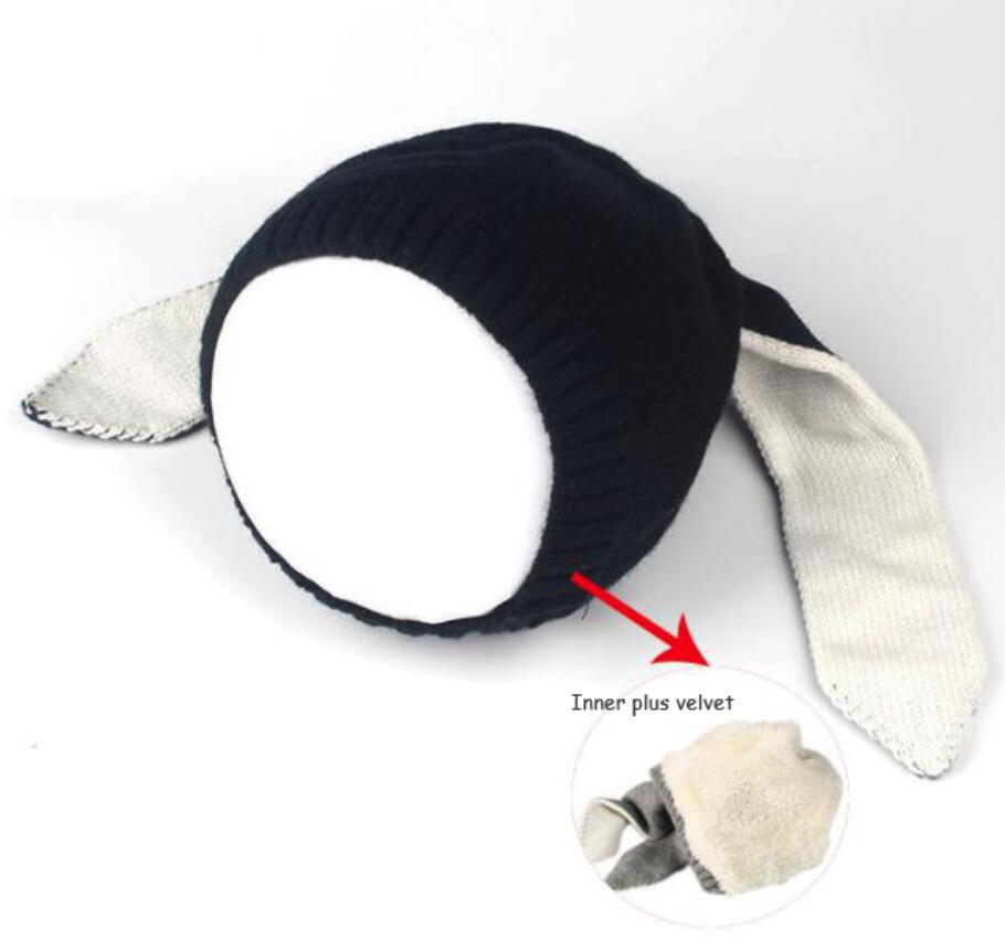 Chapeau en coton tricoté avec oreilles de lapin pour bébé, accessoires de photographie, automne et hiver: Plus velvet black