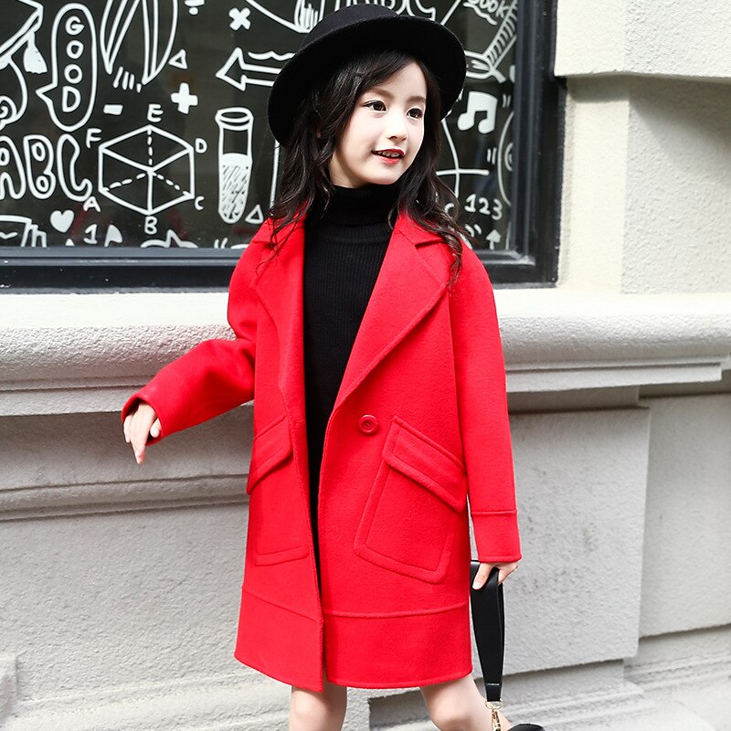 Girls Wool Winter Coats Double breasted Children's Trench Jackets Thick Warm Velvet Girl Coats Outwear Kids Clothing: Red / 7