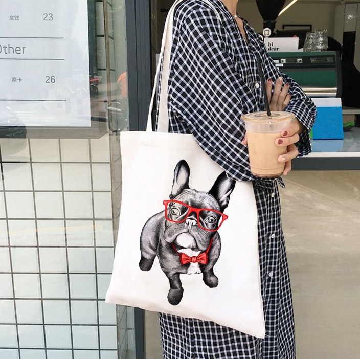 Fransk bulldog taske damer håndtasker klud lærred tote hund elsker taske shopping rejser kvinder øko genanvendelige skulder shopper tasker