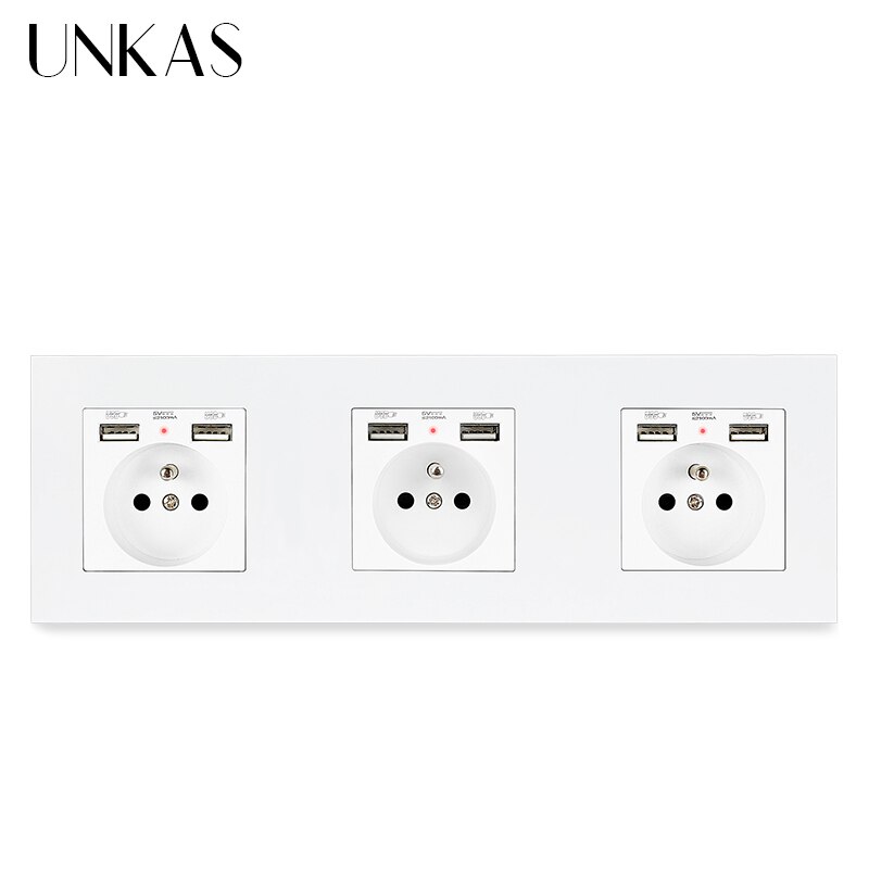 UNKAS 3 Gang French Wall Power Socket Dual USB + HDMI Port USB 3.0 Jack TV RJ11 Telephone RJ45 Internet PC Plastic Panel Outlet