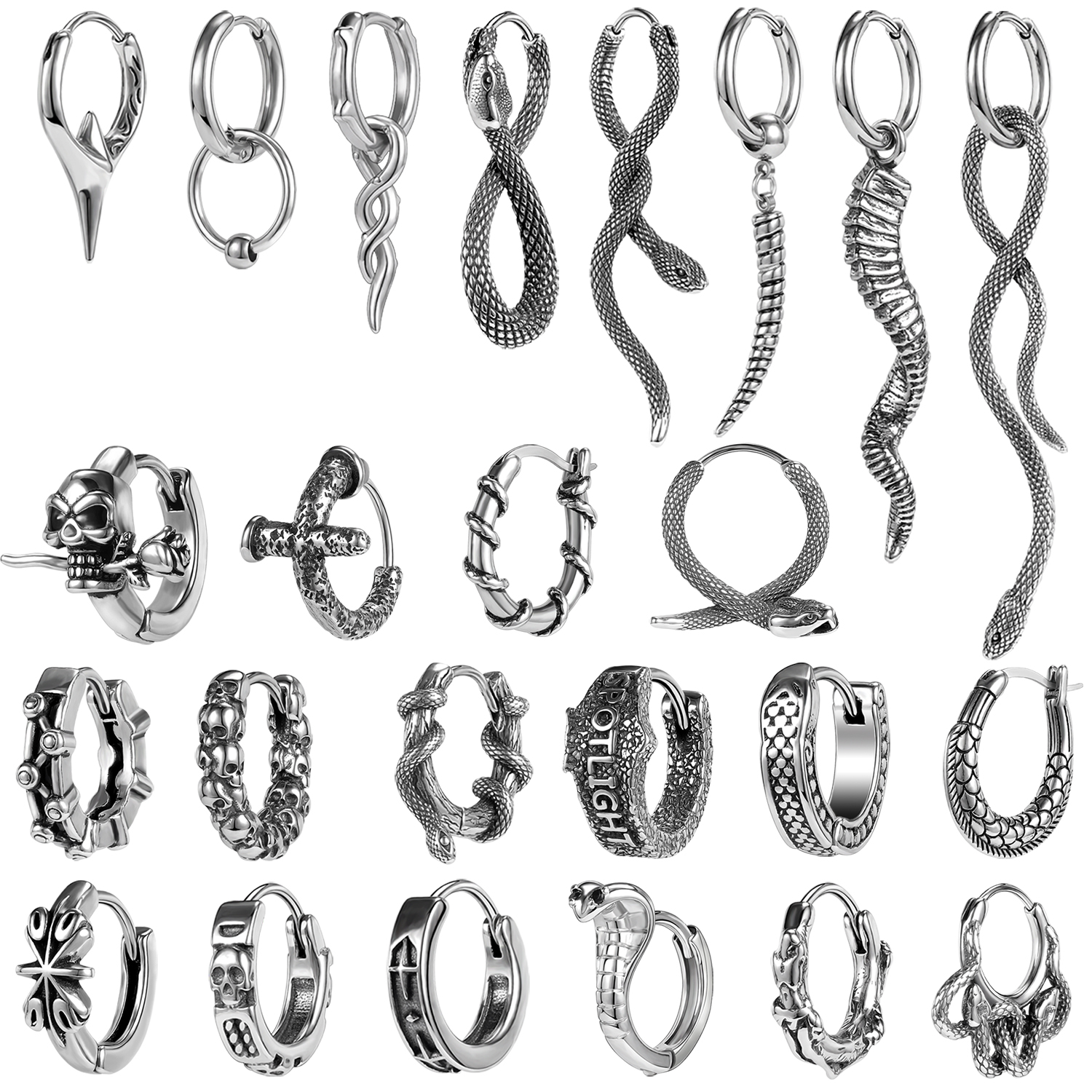 ZS-pendientes de aro de acero inoxidable para hombre, aretes redondos de calavera, serpiente, gótico, Punk, Rock, colgante, cartílago de hélice, 18G, 2 unidades por lote