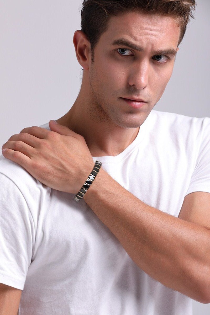 Mannen Rvs 2-Tone Keramische Therapie Armband Voor Man Vrouw Unisex Trendy Sieraden Zwart Rose Goud-Kleur 19Cm