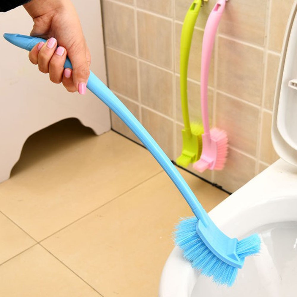 Død hjørne rengøringsbørste dobbelt side buet lyserød grøn blå plastbørste toiletbørste toilet badeværelse langt håndtag