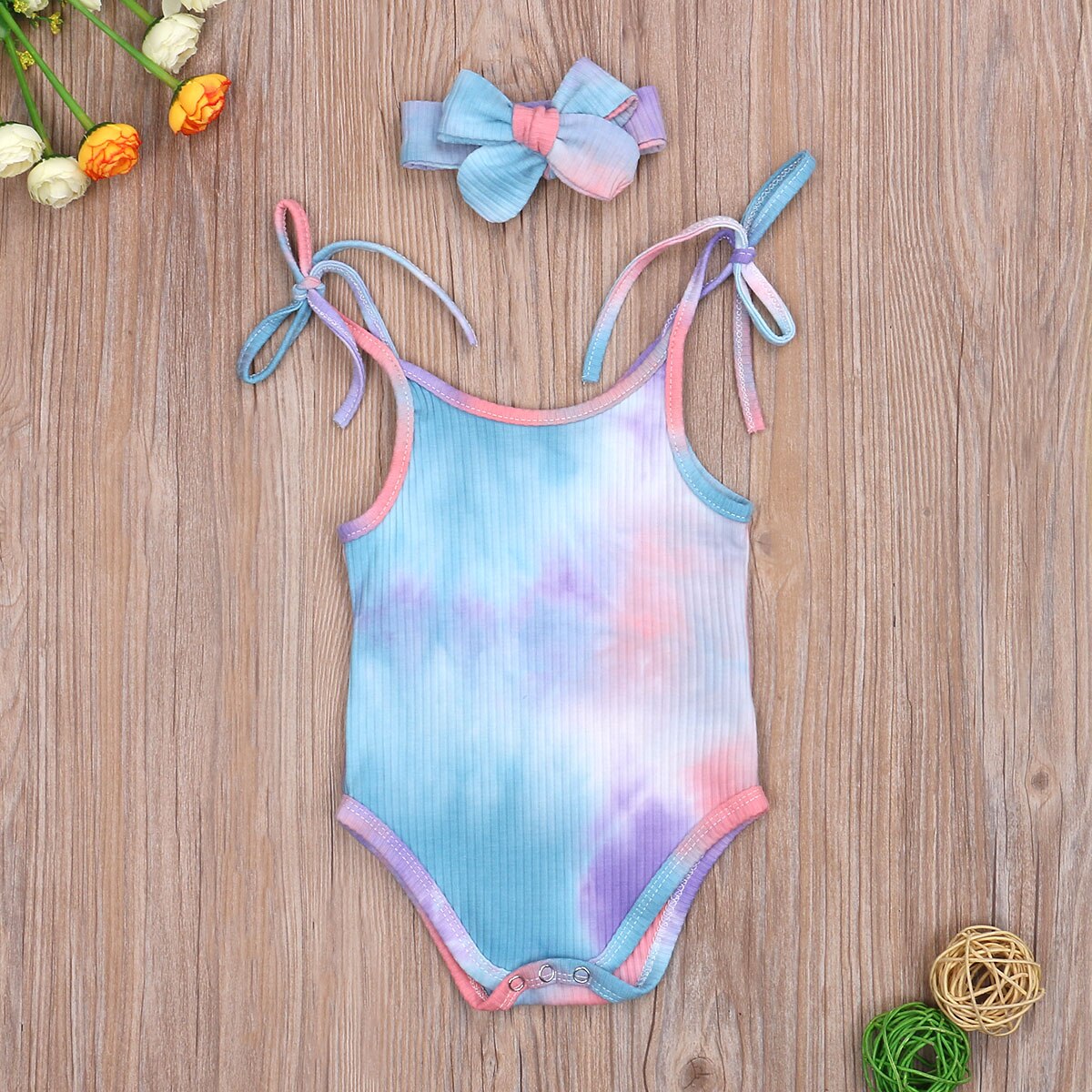 2 stuks babymeisjes jongens tie-dye mouwloze riem bodysuits hoofdband bedrukte jumpsuits 0-24m