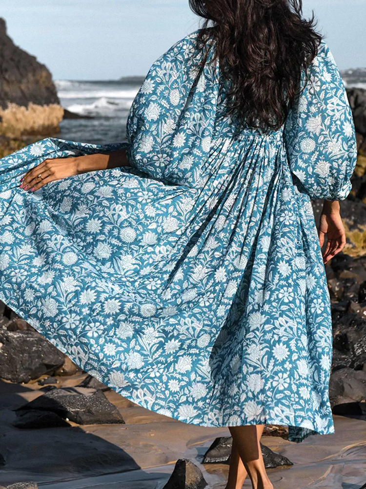Oversized Casual Loose Dresses Women Summer Floral Printed Long Dresses Lantern Sleeve Boho Beach Dress
