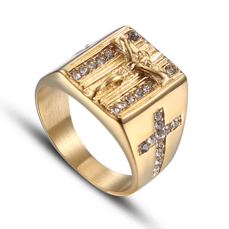 Cross Jesus Judgment Zircon signet-ring mens stainless steel rings gold jewelry for mens accesories punk