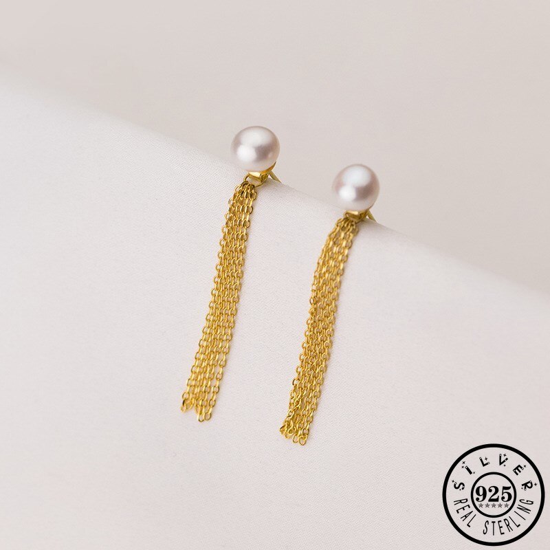 925 Sterling Silver 7mm Round White Natural Freshwater Pearl Earings Gold Color Plated Tassel Party Earrings Jackets for Women