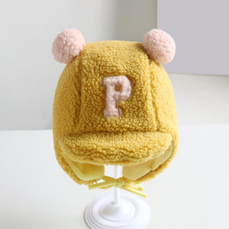 Inverno quente bebê meninos letra p cordeiro veludo earflap chapéu duplo pompom boné beanies para crianças criança gorro eargflap: yellow