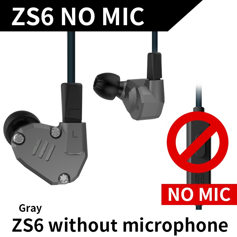 KZ-Auriculares con controladores 2DD + 2BA, monitores estéreo HIFI, deportivos, con tecnología híbrida, cancelación de ruido, para juegos, KZ ZS6 8: Gray Without Mic