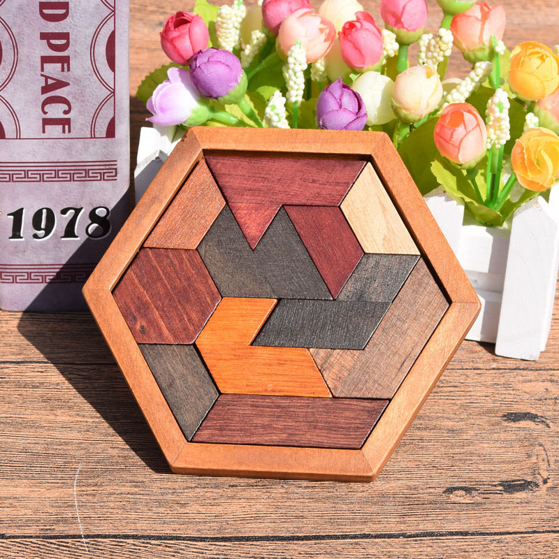 Classic hexagonal tangram puzzle made of wood, brain teasers for children, logic puzzles, casse tete rompecabezas de madera: Default Title