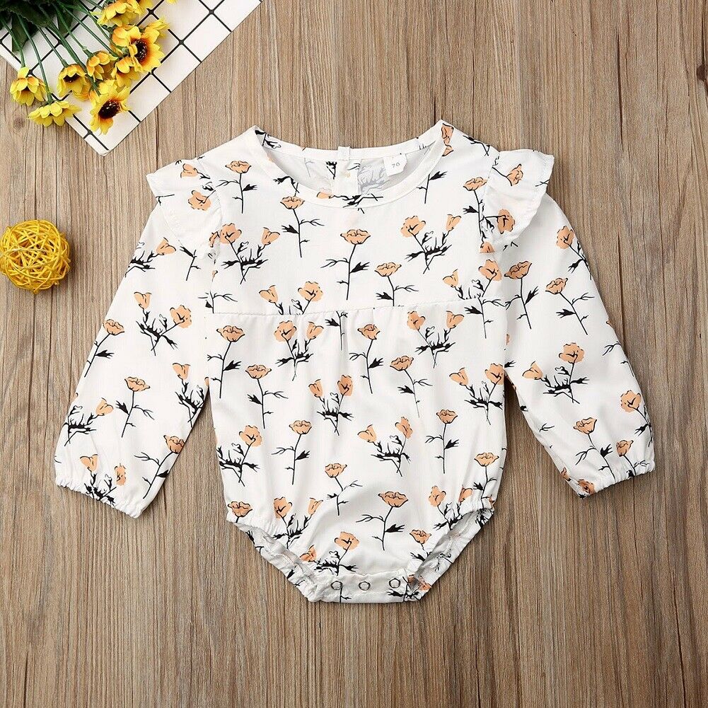 0-24M Newborn Baby Girls Boys Bodysuits Long Sleeve Ruffle Flowers Print Jumpsuit Outfit Autumn Clothes